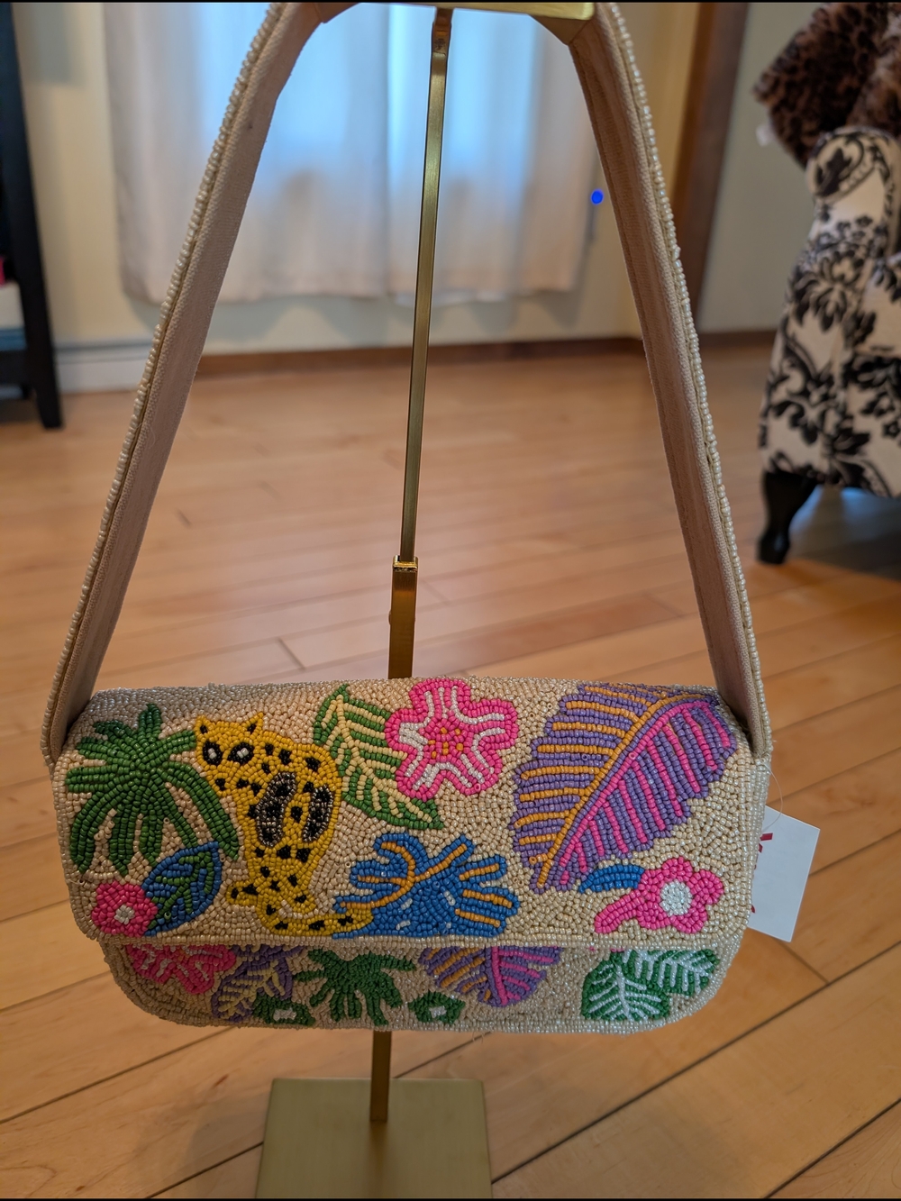 Beaded Tropical Motif Shoulder Bag - Neutral with Multicolor Accents